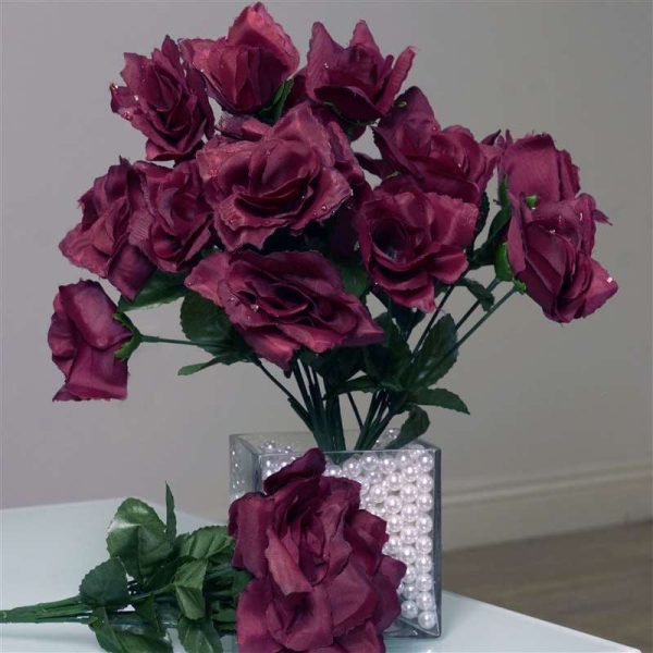 Small Open Rose Bush Artificial Silk Flowers - Burgundy