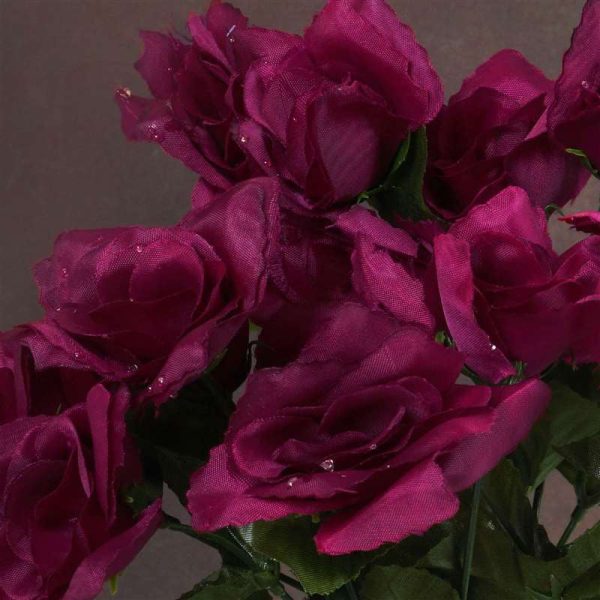 Small Open Rose Bush Artificial Silk Flowers - Burgundy - Image 2