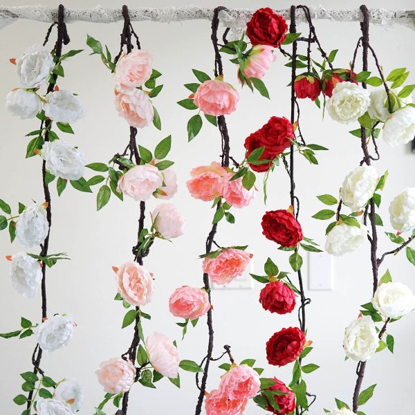 6FT | Cream | 14 Flowers Silk Peony Garland | Bendable Wire Vines | Artificial Flower Garlands - Image 7