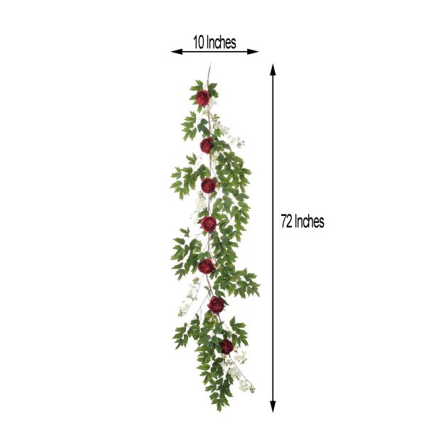 6FT | Burgundy | 7 Flowers | Silk Peony Garland | Bendable Wire Vines | Artificial Flower Garlands with Seeds and Leaves - Image 9