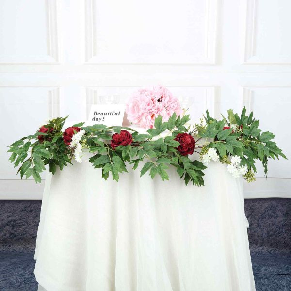 6FT | Burgundy | 7 Flowers | Silk Peony Garland | Bendable Wire Vines | Artificial Flower Garlands with Seeds and Leaves - Image 7