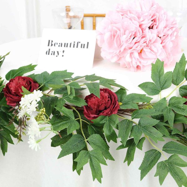 6FT | Burgundy | 7 Flowers | Silk Peony Garland | Bendable Wire Vines | Artificial Flower Garlands with Seeds and Leaves - Image 8