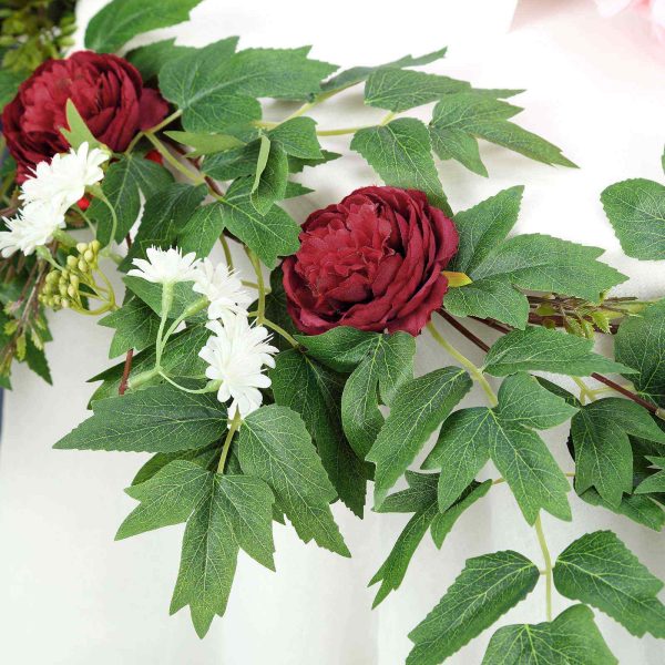 6FT | Burgundy | 7 Flowers | Silk Peony Garland | Bendable Wire Vines | Artificial Flower Garlands with Seeds and Leaves - Image 10