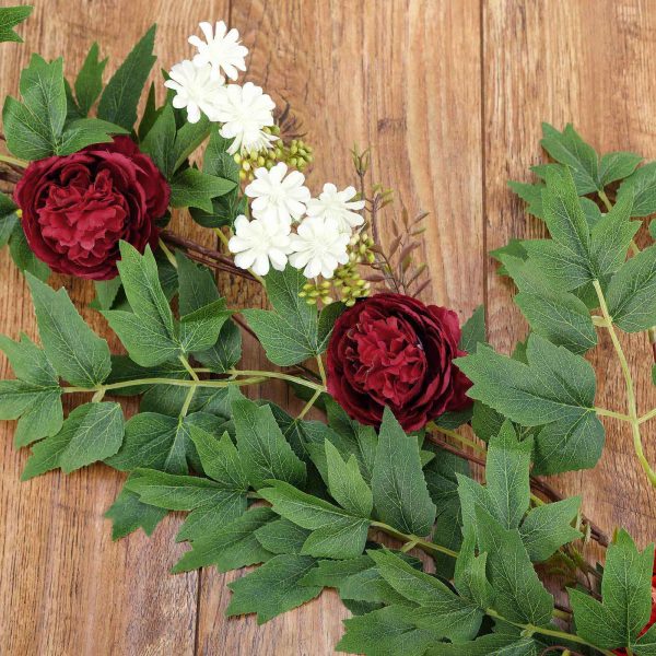 6FT | Burgundy | 7 Flowers | Silk Peony Garland | Bendable Wire Vines | Artificial Flower Garlands with Seeds and Leaves - Image 11