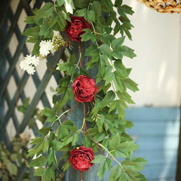 6FT | Burgundy | 7 Flowers | Silk Peony Garland | Bendable Wire Vines | Artificial Flower Garlands with Seeds and Leaves - Image 13