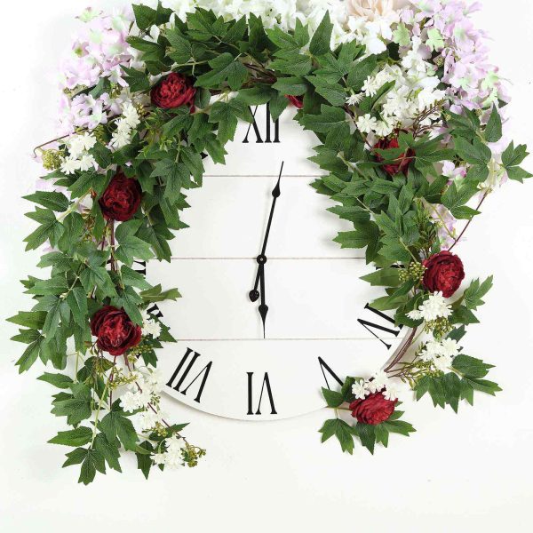 6FT | Burgundy | 7 Flowers | Silk Peony Garland | Bendable Wire Vines | Artificial Flower Garlands with Seeds and Leaves