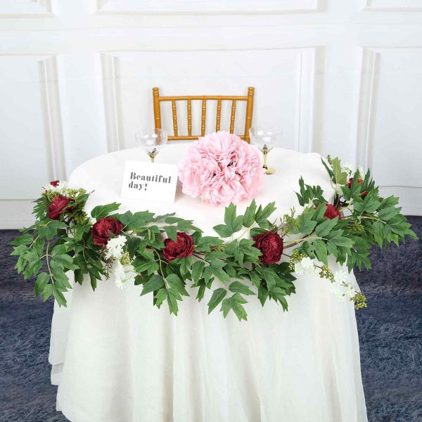 6FT | Burgundy | 7 Flowers | Silk Peony Garland | Bendable Wire Vines | Artificial Flower Garlands with Seeds and Leaves - Image 2