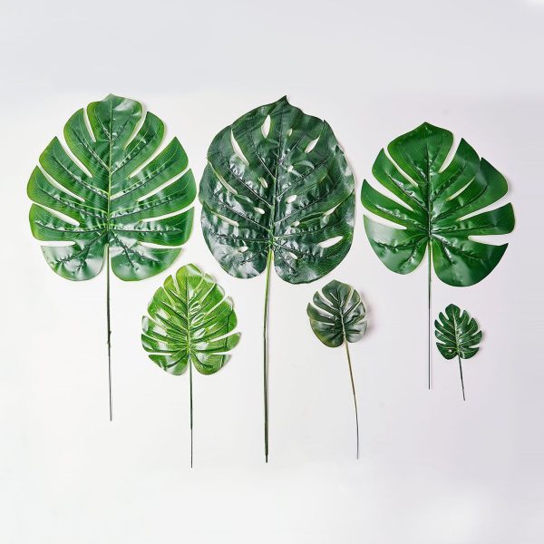 6 Stems | Monstera Tropical Leaf, Artificial Leaves For Hawaiian Luau Party Decoration - Assorted Green - Image 3