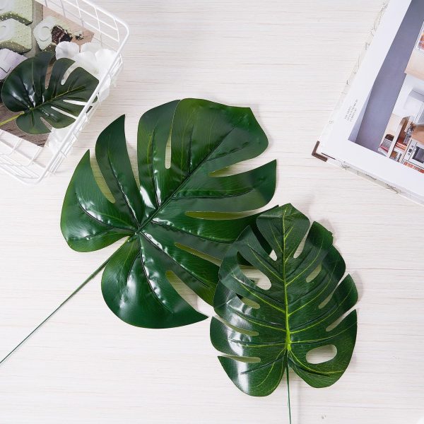 6 Stems | Monstera Tropical Leaf, Artificial Leaves For Hawaiian Luau Party Decoration - Assorted Green - Image 9