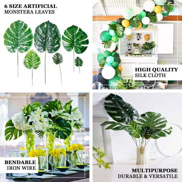 6 Stems | Monstera Tropical Leaf, Artificial Leaves For Hawaiian Luau Party Decoration - Assorted Green - Image 4