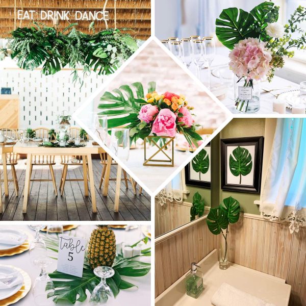 6 Stems | Monstera Tropical Leaf, Artificial Leaves For Hawaiian Luau Party Decoration - Assorted Green - Image 5
