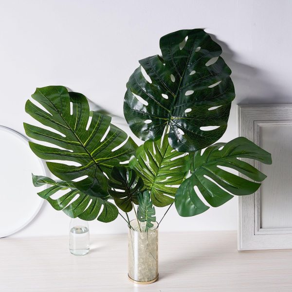 6 Stems | Monstera Tropical Leaf, Artificial Leaves For Hawaiian Luau Party Decoration - Assorted Green