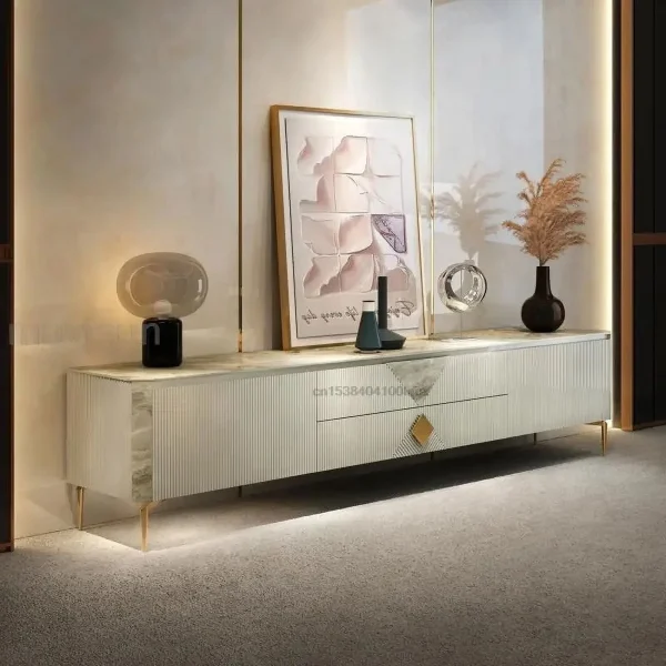 Italian Style Minimalist Floor Cabinet For Living Room Furniture Light Luxury Glossy Gray Rock Slab Top Design 1.8m Tv Stands - Image 2