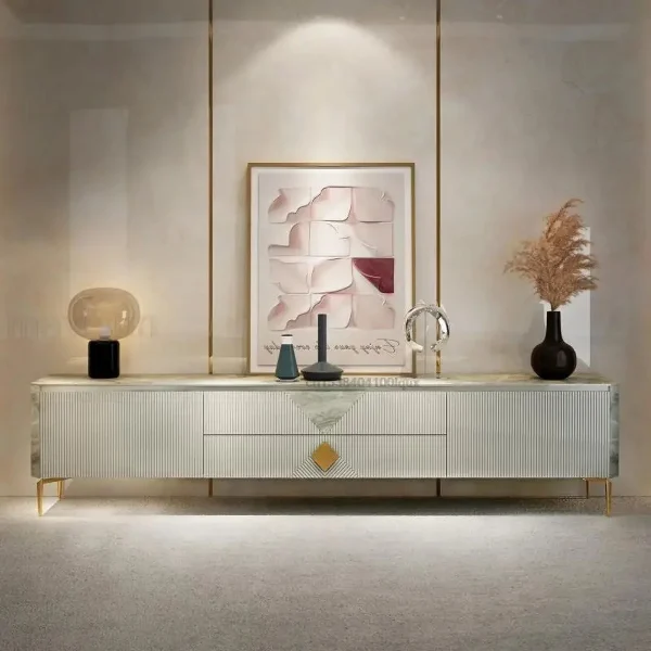Italian Style Minimalist Floor Cabinet For Living Room Furniture Light Luxury Glossy Gray Rock Slab Top Design 1.8m Tv Stands - Image 4