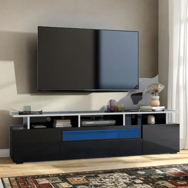 Sleek High-Gloss TV Cabinet with LED Accent Lighting and Ample Storage Premium Particle Board, Stylish Design, Waterproof Surface-black - Image 2
