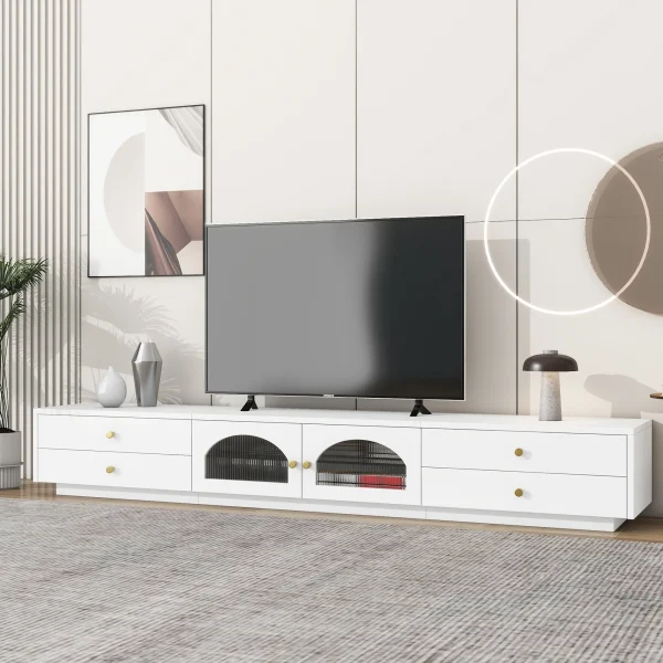 Homiyad Luxurious TV Stand with Fluted Glass Doors, Elegant and Functional Media Console for TV s Up to 90'', Tempered Glass Shelf TV Cabinet with Multiple Storage Options, White
