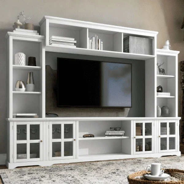 Minimalism Style Entertainment Wall Unit with Bridge, Modern TV Console Table for TVs Up to 70", Multifunctional TV Stand with Tempered Glass Door (White) - Image 4