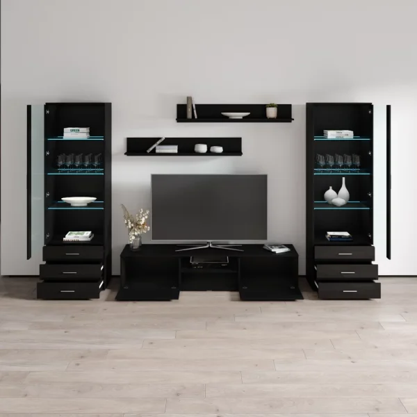 MEBLE FURNITURE & RUGS SOHO 4 Modern Wall Unit with 16 Colors LED Lights (Black) - Image 4