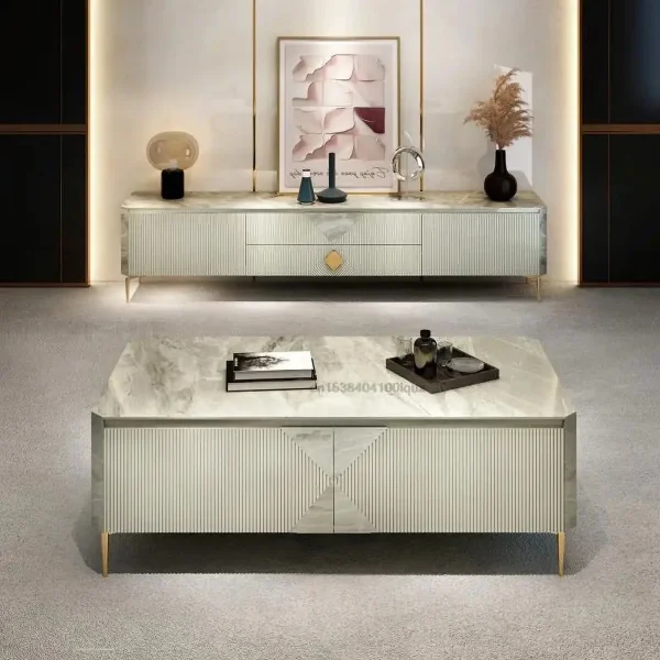 Italian Style Minimalist Floor Cabinet For Living Room Furniture Light Luxury Glossy Gray Rock Slab Top Design 1.8m Tv Stands - Image 6