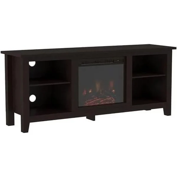 Minimal Farmhouse Electric Fireplace TV Stand Console Rustic Wood Entertainment Center With Storage, For TV's Up To 64", In Espresso