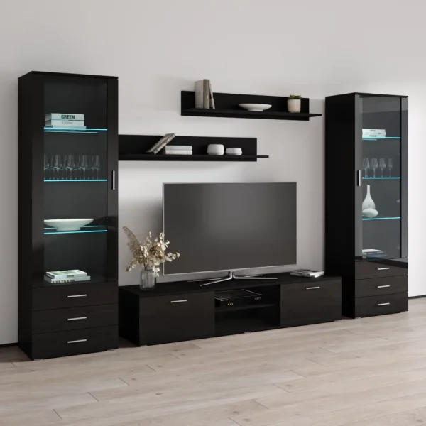 MEBLE FURNITURE & RUGS SOHO 4 Modern Wall Unit with 16 Colors LED Lights (Black) - Image 2
