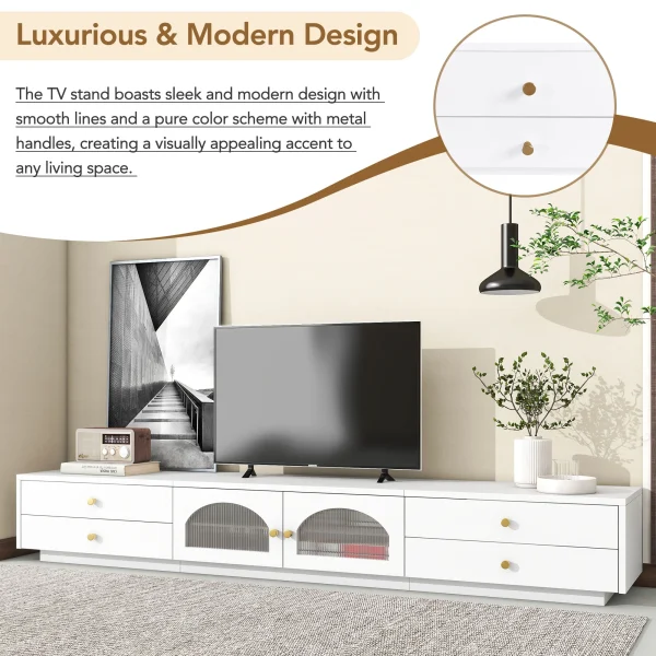 Homiyad Luxurious TV Stand with Fluted Glass Doors, Elegant and Functional Media Console for TV s Up to 90'', Tempered Glass Shelf TV Cabinet with Multiple Storage Options, White - Image 3