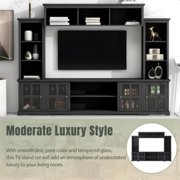 Minimalism Entertainment Wall Unit with Bridge, Modern TV Console Table for TVs Up to 70", Multifunctional TV Stand with Tempered Glass Door, Black - Image 3