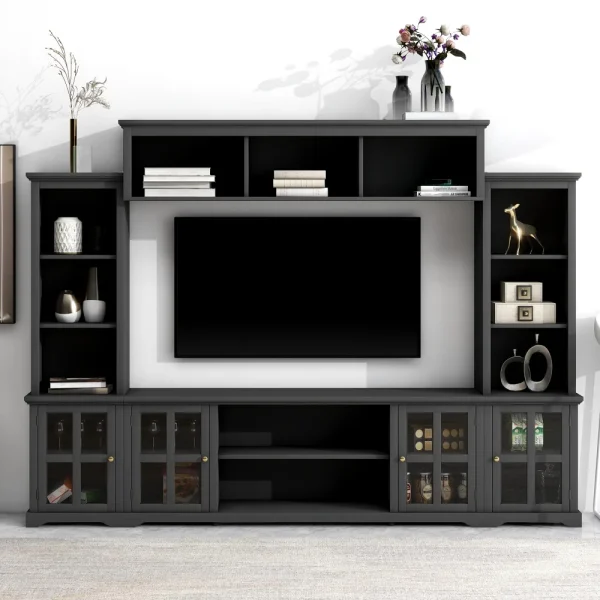 Minimalism Entertainment Wall Unit with Bridge, Modern TV Console Table for TVs Up to 70", Multifunctional TV Stand with Tempered Glass Door, Black - Image 2