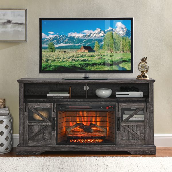 Homiyad 60 Inch Electric Fireplace Entertainment Center with Door Sensor-Dark Rustic Oak