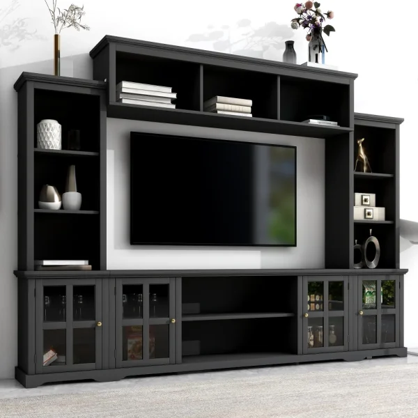 Minimalism Entertainment Wall Unit with Bridge, Modern TV Console Table for TVs Up to 70", Multifunctional TV Stand with Tempered Glass Door, Black