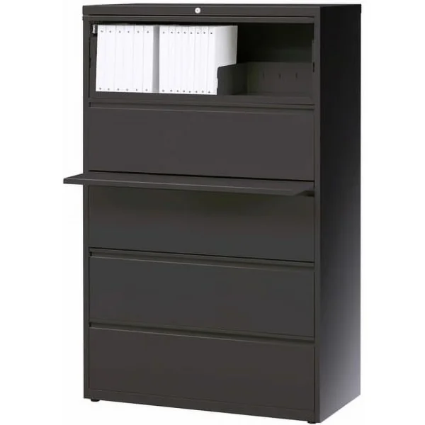 Lorell Lateral File - 5-Drawer 36"x 18.6"x 67.7"- 5 x Drawer(s) - Legal, Letter, A4 - Lateral - Rust Proof, Leveling Glide, Interlocking - Charcoal - Baked Enamel - Recycled - Image 4