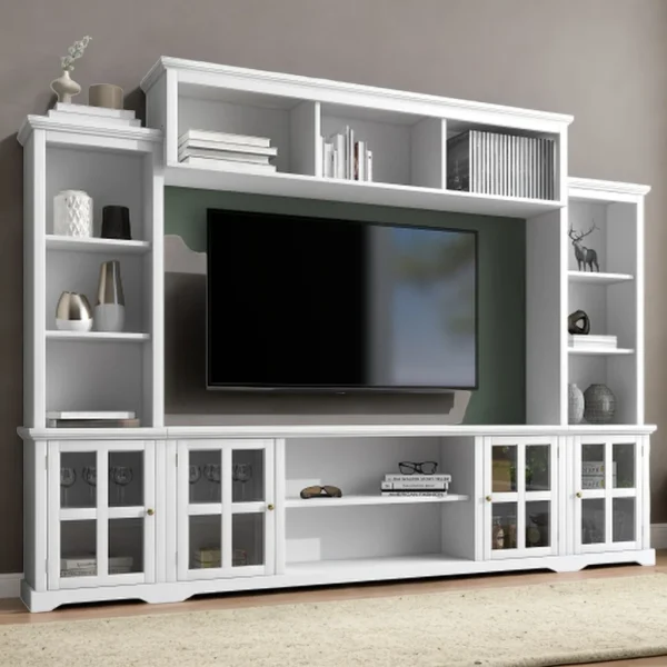 Minimalism Style Entertainment Wall Unit with Bridge, Modern TV Console Table for TVs Up to 70", Multifunctional TV Stand with Tempered Glass Door (White)