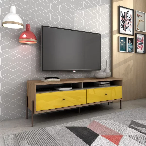 Manhattan Comfort Joy 59"TV Stand with 2 Full Extension Drawers in Yellow and Off White - Image 2