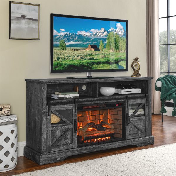 Homiyad 60 Inch Electric Fireplace Entertainment Center with Door Sensor-Dark Rustic Oak - Image 2