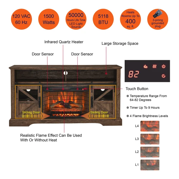 Homiyad 60 Inch Electric Fireplace Entertainment Center with Door Sensor-Reclaimed Barnwood Color - Image 3