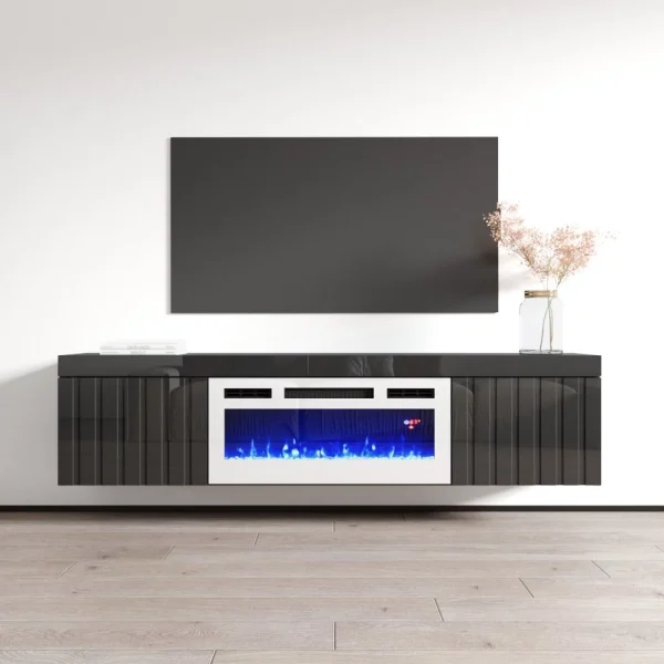 Knoxville WH-EF Floating Fireplace TV Stand for TVs up to 80", Modern High Gloss 71"Entertainment Center, Wall Mounted Electric Fireplace TV Media Console with Storage Cabinets