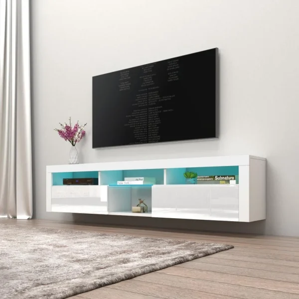 Meble Furniture & Rugs Bari 200 Wall Mounted Floating 79"TV Stand with 16 Color LEDs White