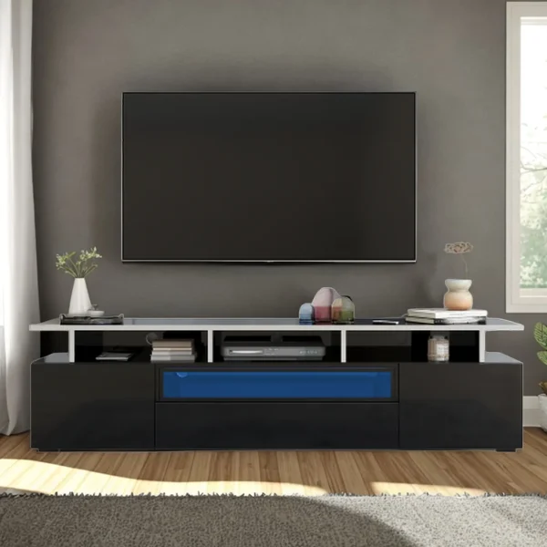 Sleek High-Gloss TV Cabinet with LED Accent Lighting and Ample Storage Premium Particle Board, Stylish Design, Waterproof Surface-black