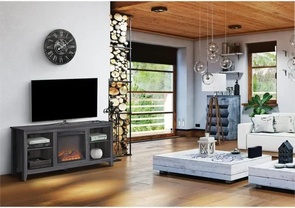 Minimal Farmhouse Electric Fireplace TV Stand Console Rustic Wood Entertainment Center With Storage, For TV's Up To 64", In Charcoal - Image 2