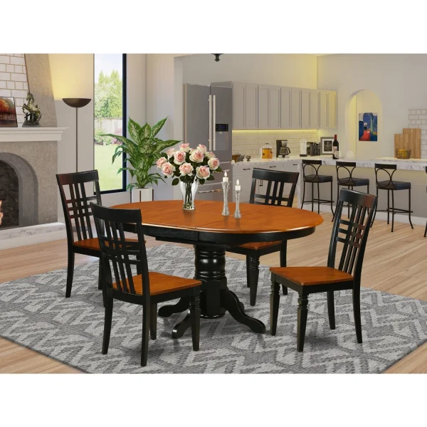 HomeStock Coastal Craftsman 5 Pc Dinette Table With Leaf And 4 Faux Leather Seat Chairs In Black And Cherry.