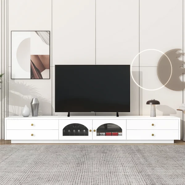 Homiyad Luxurious TV Stand with Fluted Glass Doors, Elegant and Functional Media Console for TV s Up to 90'', Tempered Glass Shelf TV Cabinet with Multiple Storage Options, White - Image 2
