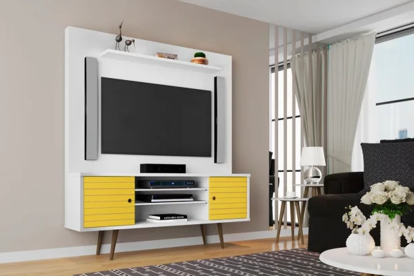 Manhattan Comfort Liberty 63"Freestanding Entertainment Center with Overhead shelf in White and Yellow - Image 2