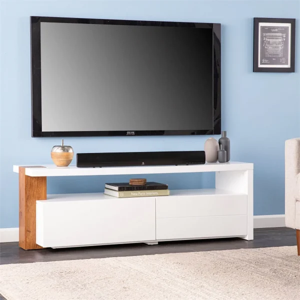 Maklaine Transitional Media Stand with Storage in White / Brown Finish - Image 3