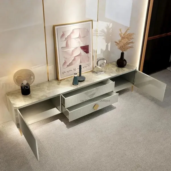 Italian Style Minimalist Floor Cabinet For Living Room Furniture Light Luxury Glossy Gray Rock Slab Top Design 1.8m Tv Stands - Image 5