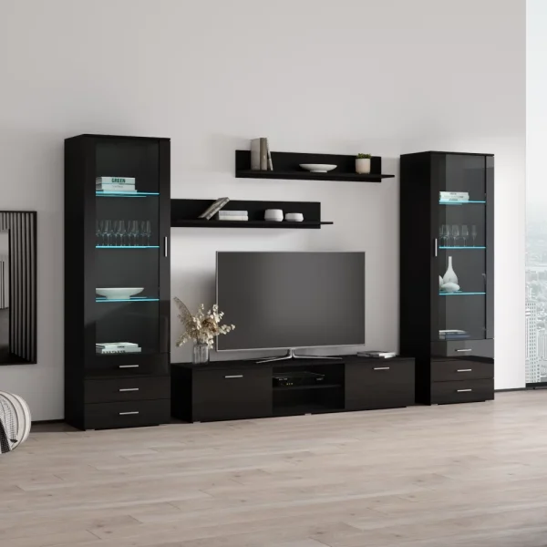 MEBLE FURNITURE & RUGS SOHO 4 Modern Wall Unit with 16 Colors LED Lights (Black) - Image 3