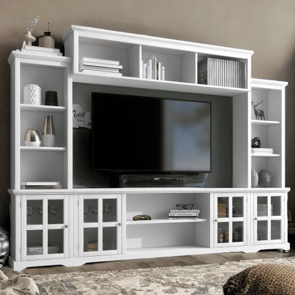 Minimalism Style Entertainment Wall Unit with Bridge, Modern TV Console Table for TVs Up to 70", Multifunctional TV Stand with Tempered Glass Door (White) - Image 2