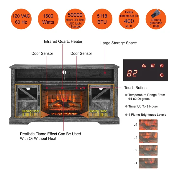Homiyad 60 Inch Electric Fireplace Entertainment Center with Door Sensor-Dark Rustic Oak - Image 3