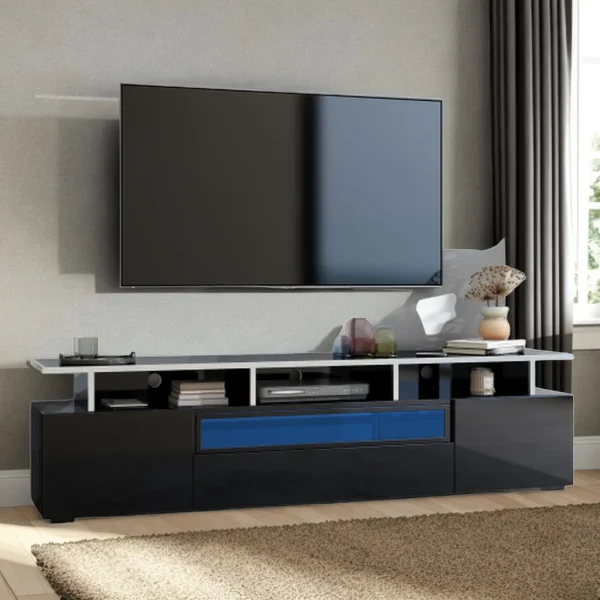 Sleek High-Gloss TV Cabinet with LED Accent Lighting and Ample Storage Premium Particle Board, Stylish Design, Waterproof Surface-black - Image 3