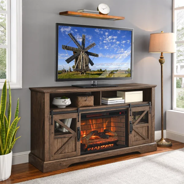 Homiyad 60 Inch Electric Fireplace Entertainment Center with Door Sensor-Reclaimed Barnwood Color - Image 2