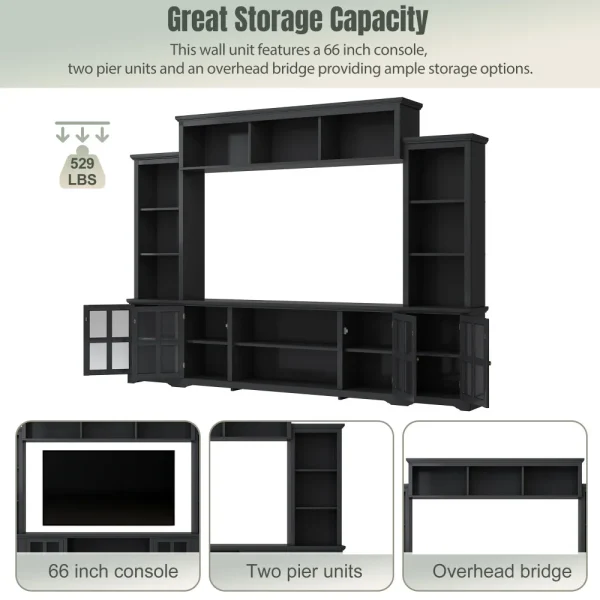 Minimalism Entertainment Wall Unit with Bridge, Modern TV Console Table for TVs Up to 70", Multifunctional TV Stand with Tempered Glass Door, Black - Image 6